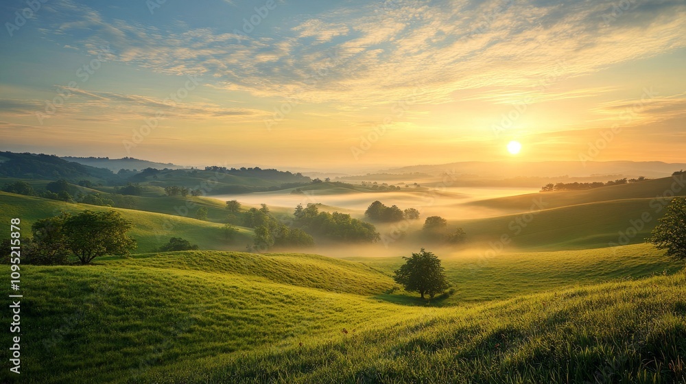 Obraz premium Serene Sunrise Breaking Through Morning Fog Over Rolling Hills in a Green Landscape with Soft Light and Tranquil Atmosphere