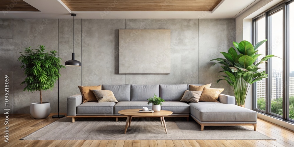 Modern Sectional Sofa with Wooden Coffee Table in Minimalist Living Room, Interior Design , Interior Decoration Modern Sectional Sofa with Wooden Coffee Table in Minimalist Living Room, Interior Design , Interior Decoration