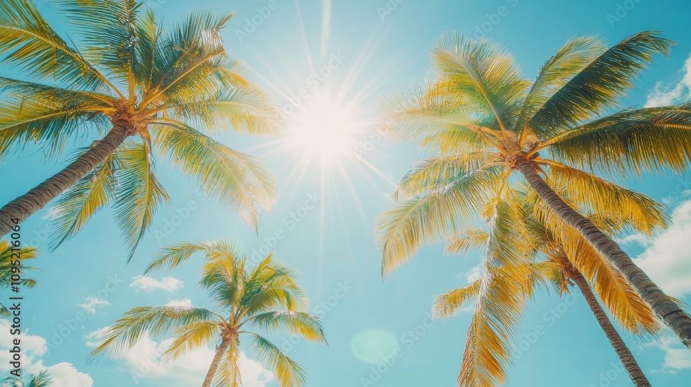 Bright Tropical Sun Over Palm Trees at Beach, Radiating Warmth and Beauty in Clear Blue Sky, Perfect for Vacation and Relaxation Themes Bright Tropical Sun Over Palm Trees at Beach, Radiating Warmth and Beauty in Clear Blue Sky, Perfect for Vacation and Relaxation Themes