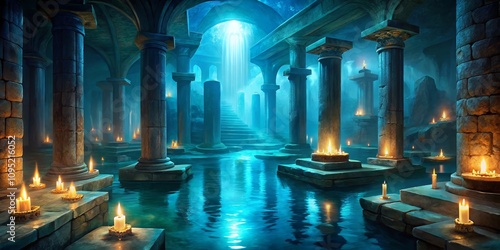 Mystical Underwater Temple with Candles, Fantasy, Underwater Temple
