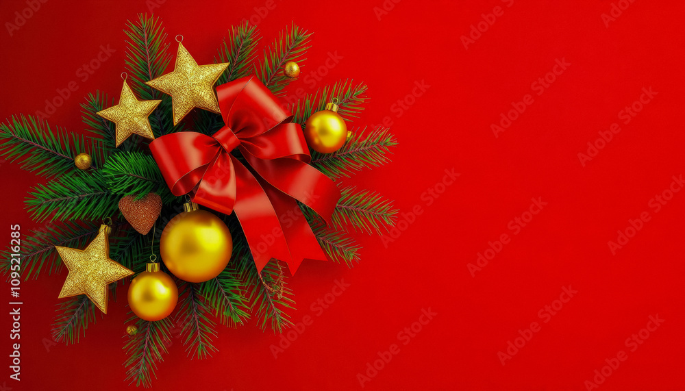 Elegant Christmas Tree Branch with Gold Ornaments and Red Bow Elegant Christmas Tree Branch with Gold Ornaments and Red Bow