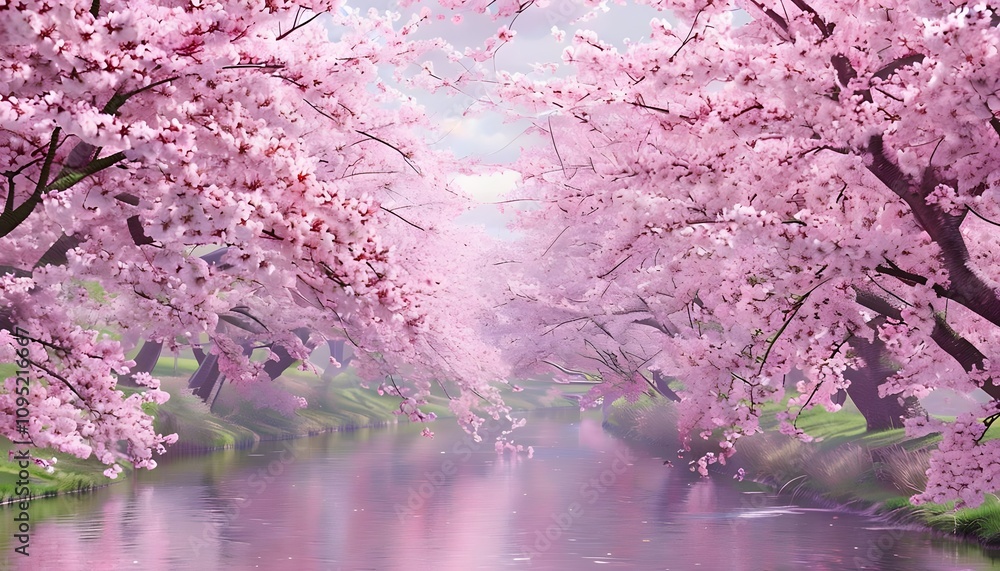 Cherry Blossom Trees in Bloom Over River Cherry Blossom Trees in Bloom Over River