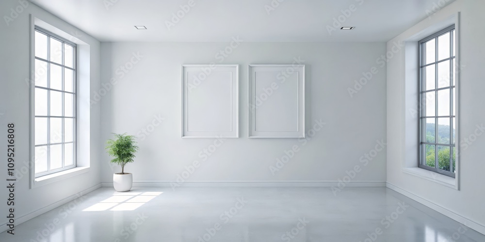 Minimalist White Room with Two Blank Frames and Windows, Interior Design, Home Decor, minimalist interior Minimalist White Room with Two Blank Frames and Windows, Interior Design, Home Decor, minimalist interior