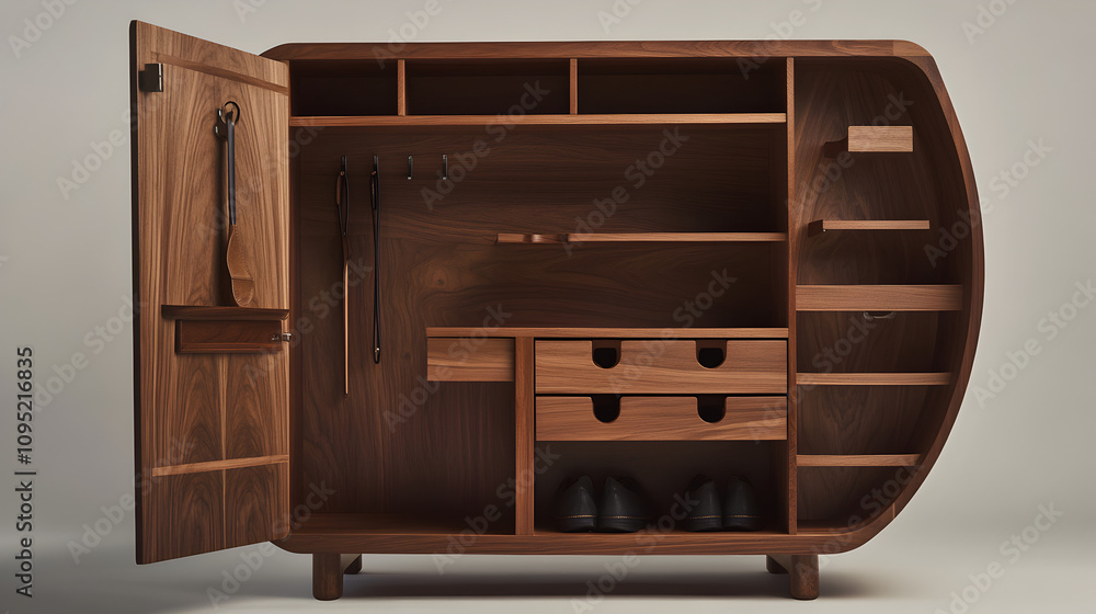 Walnut Wood Modern Entryway Cabinet with Shoe Rack and Coat Hooks Walnut Wood Modern Entryway Cabinet with Shoe Rack and Coat Hooks