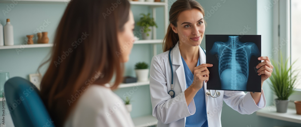Female Doctor Explaining X-Ray Results In A Welcoming Office Female Doctor Explaining X-Ray Results In A Welcoming Office