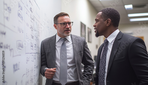 Two business leaders engage in a strategic debate, analyzing key points on a whiteboard. Their discussion reflects collaboration and innovative thinking in a professional setting. photo