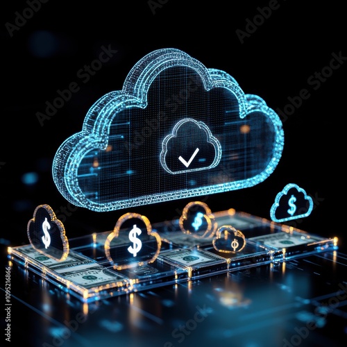 Cloud service storage concept.A digital cloud symbol surrounded by financial icons, representing cloud banking, data security, and modern finance.