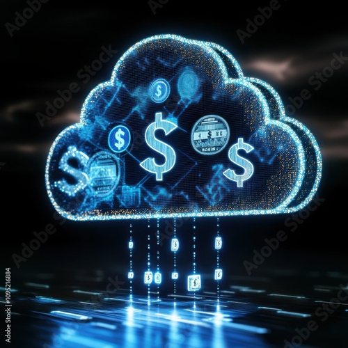 Cloud service storage concept.A digital representation of a cloud filled with money symbols, emphasizing the intersection of finance and technology in a futuristic setting.