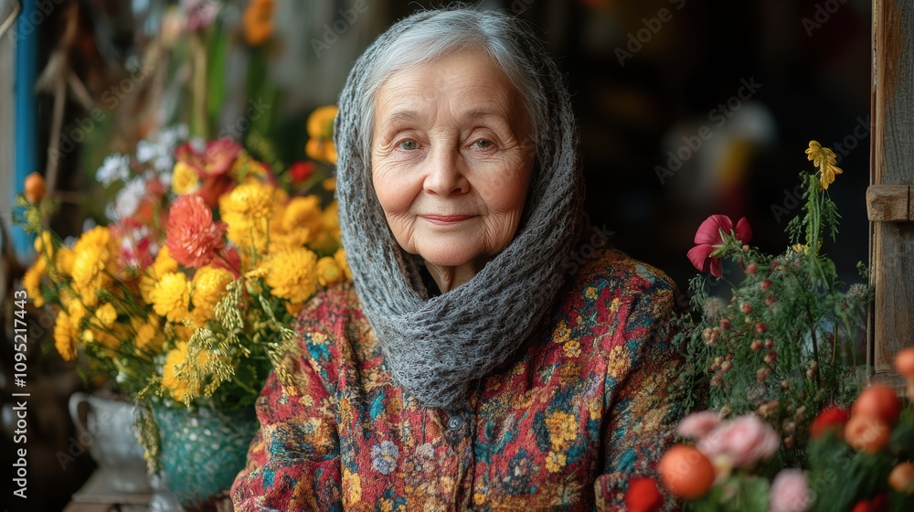A serene elderly woman with a warm smile is surrounded by a vivid array of colorful flowers, showcasing a moment of peaceful contemplation in a garden setting A serene elderly woman with a warm smile is surrounded by a vivid array of colorful flowers, showcasing a moment of peaceful contemplation in a garden setting