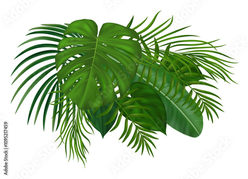 Summer tropical composition made of exotic realistic palm leaves. Suitable for nature concept, vacation, travel, summer holiday. Vector Illustration