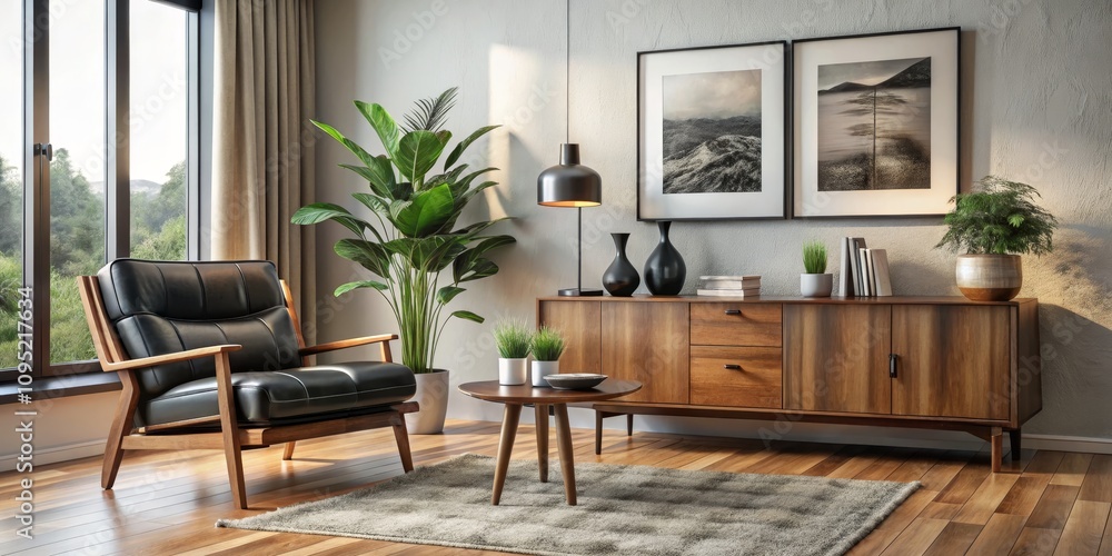 Mid-Century Modern Living Room with Black Leather Chair and Wooden Cabinet, interior design, home decor, living room design Mid-Century Modern Living Room with Black Leather Chair and Wooden Cabinet, interior design, home decor, living room design