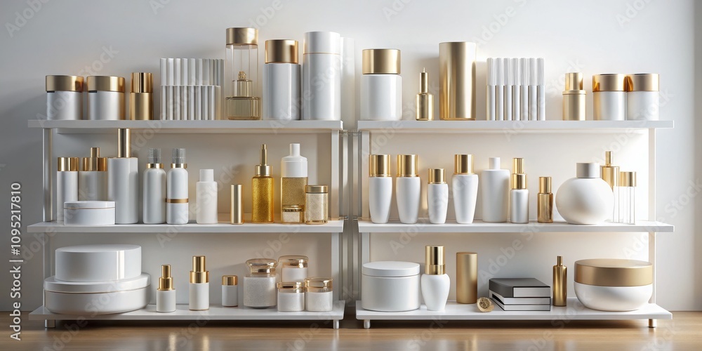 Gold and White Cosmetic Products on White Shelf, Minimalism, Beauty , Cosmetics, Minimalism, Branding Gold and White Cosmetic Products on White Shelf, Minimalism, Beauty , Cosmetics, Minimalism, Branding