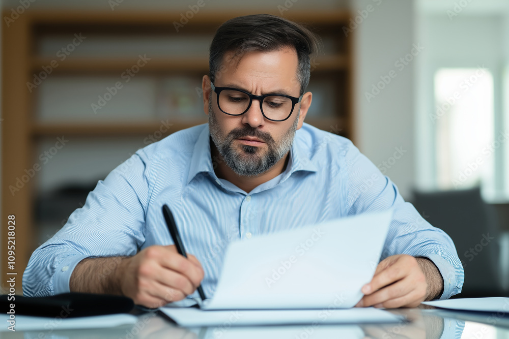 Businessman reviewing documents while taking notes at a modern office desk Businessman reviewing documents while taking notes at a modern office desk