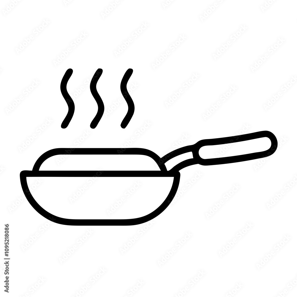 Frying pan with steam icon in black outline on white background Frying pan with steam icon in black outline on white background