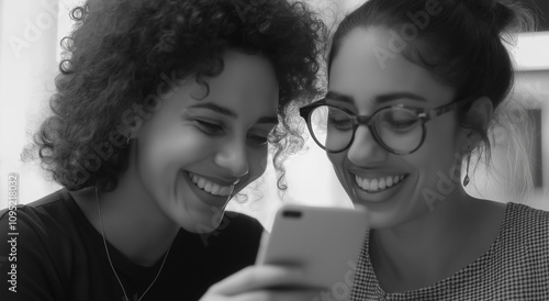 Duas mulheres, uma com cabelos cacheados e a outra usando óculos, estão sorrindo e olhando juntas para a tela de um smartphone, compartilhando um momento alegre e feliz em trajes casuais. photo