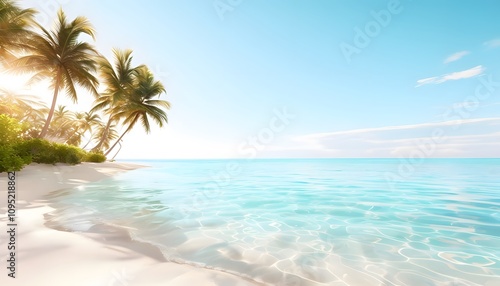 Beach Scene with Palm Trees and Clear Blue Water in a Bright Summer Setting