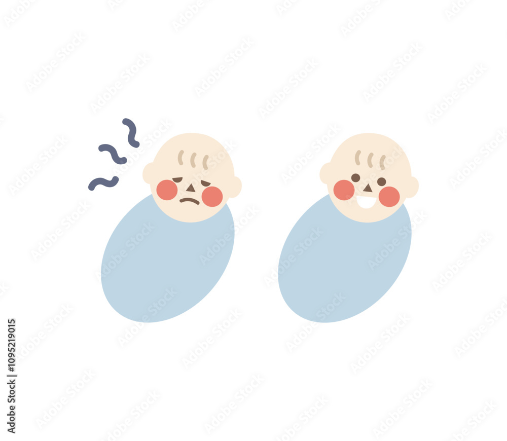 Set of newborn baby boy with different emotion. Child feeling sick and smiling. Healthcare, childcare concepts. Flat design cartoon character vector design isolated illustrations. Set of newborn baby boy with different emotion. Child feeling sick and smiling. Healthcare, childcare concepts. Flat design cartoon character vector design isolated illustrations.