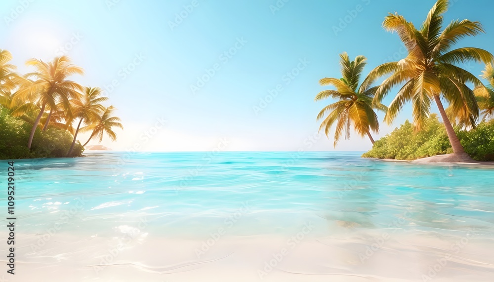Beach Scene with Palm Trees and Clear Blue Water in a Bright Summer Setting Beach Scene with Palm Trees and Clear Blue Water in a Bright Summer Setting