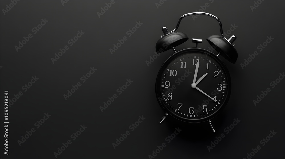 Classic black alarm clock on minimal black background, perfect for time-related concepts, deadlines, punctuality, and schedules, isolated with ample copy space Classic black alarm clock on minimal black background, perfect for time-related concepts, deadlines, punctuality, and schedules, isolated with ample copy space
