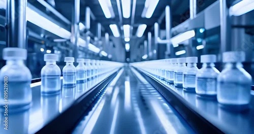 A pharmaceutical company's large-scale production features a conveyor belt transporting small transparent bottles of medicines and vaccines, created with generative AI.