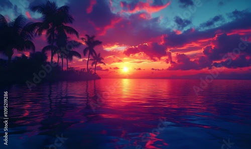 Capture a vibrant sunset over the water with the reflection of palm trees and the colorful sky