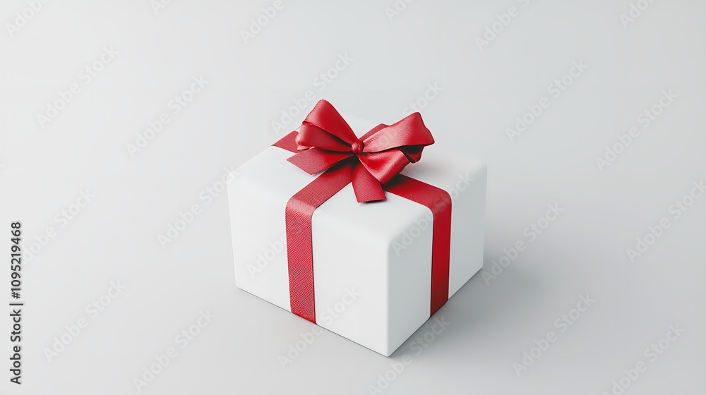 Fototapeta premium White gift box with red ribbon bow isolated on white background.