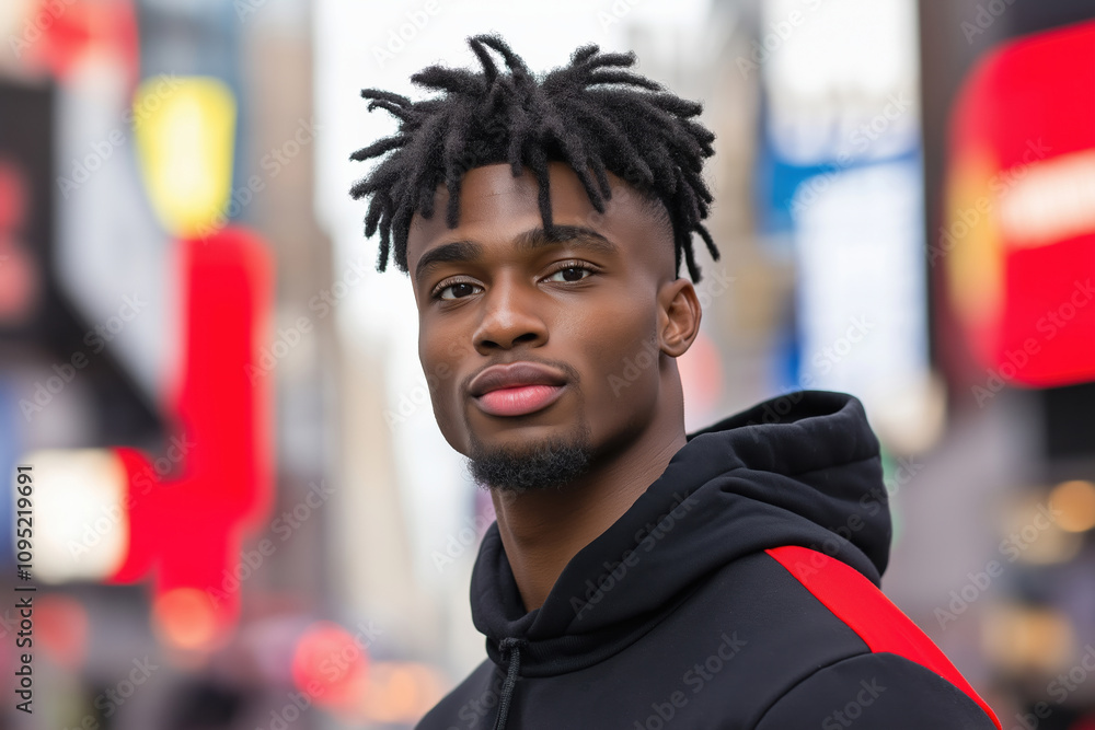 Young man with stylish hair poses confidently in urban city street setting Young man with stylish hair poses confidently in urban city street setting
