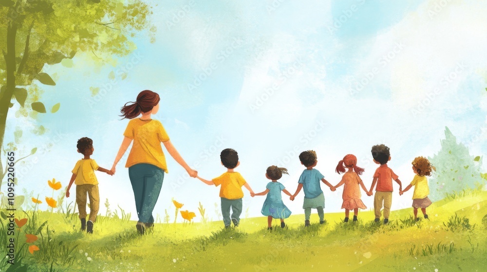 Fototapeta premium Children Walking Hand in Hand with Teacher in Sunny Field