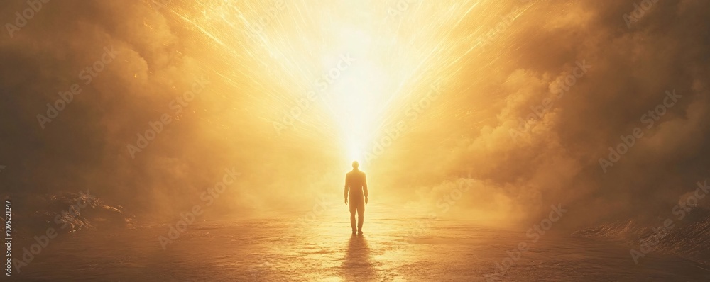 Man walking towards bright light in surreal landscape during sunset Man walking towards bright light in surreal landscape during sunset