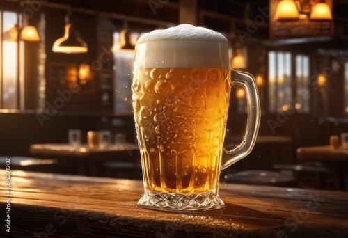 large beer glass overflowing creamy froth capturing essence refreshing beverage delight, ale, amber, bar, bubbly, chilled, craft, draft, drink, fizz photo