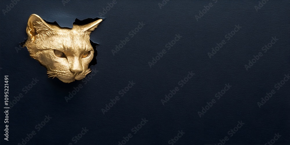 Naklejka premium Artistic composition featuring a golden cat head emerging from a dark blue background, ideal for luxury branding, promotional events, or sports advertisements with copy space. 