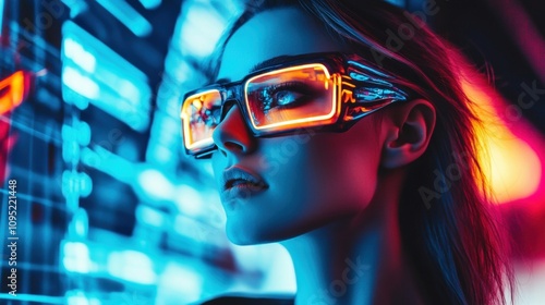 cyberpunk woman in glowing neon glasses surrounded by futuristic visuals