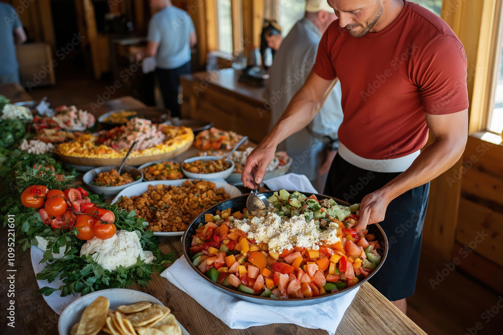 Food preparation at a gathering with colorful salad and various dishes on display Food preparation at a gathering with colorful salad and various dishes on display