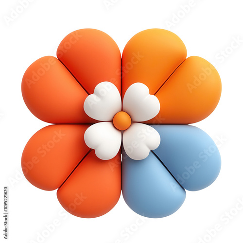 A vibrant and playful 3D flower design featuring orange, blue, and white petals for creative uses.