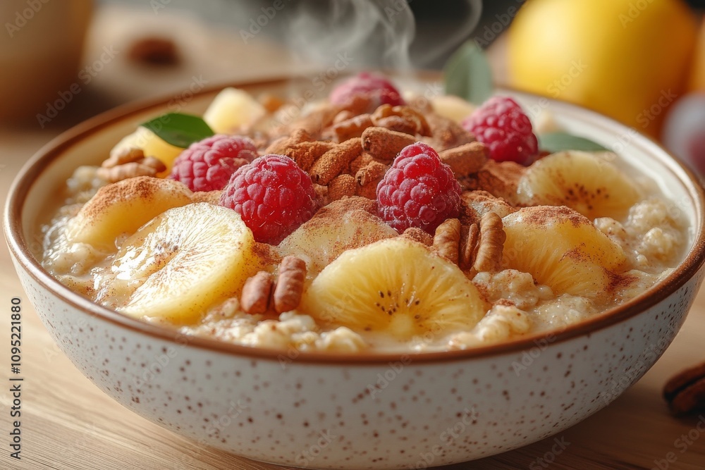A warm bowl of cinnamon-spiced oatmeal topped with fruit and nuts, steaming on a wooden breakfast table. Generative AI A warm bowl of cinnamon-spiced oatmeal topped with fruit and nuts, steaming on a wooden breakfast table. Generative AI