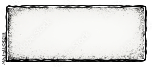 Vintage isolated comic book panel: rectangular frame with rough distressed edges. Clean white interior space, hand-drawn black borders, weathered corners. Classic graphic novel aesthetic. Monochromati