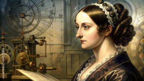 Portrait of Ada Lovelace, analyzing notes with a vintage analytical engine diagram in the background