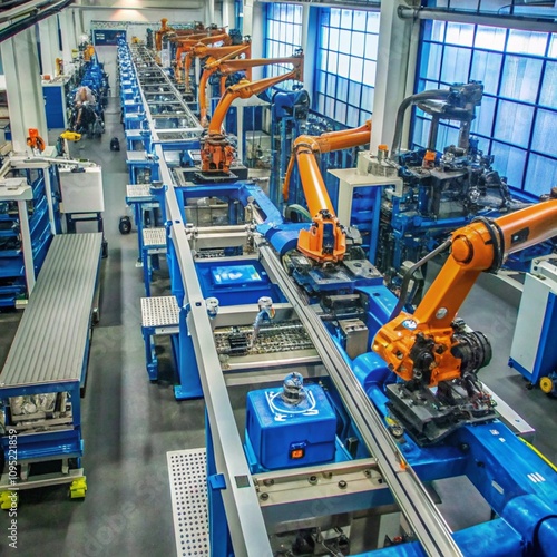 Robots on an assembly line build products in a modern, well-lit factory with precise coordination