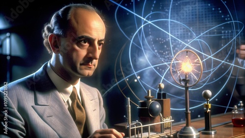 Realistic depiction of Enrico Fermi observing nuclear reactions, with scientific apparatus and charts around