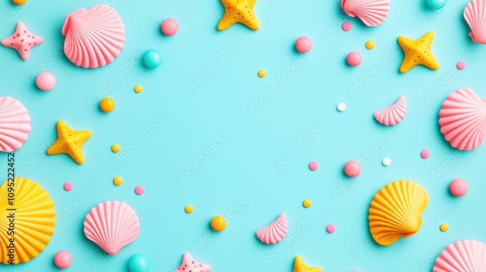 Fototapeta premium Pastel Seashells Starfish Beads Summer Background