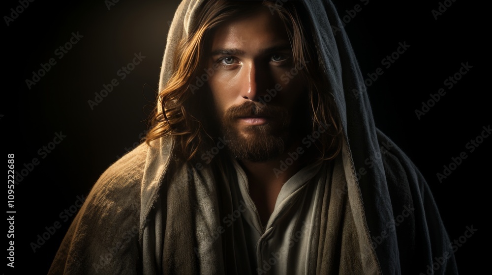 Striking realistic portrait of jesus christ set against a dark background for dramatic effect Striking realistic portrait of jesus christ set against a dark background for dramatic effect