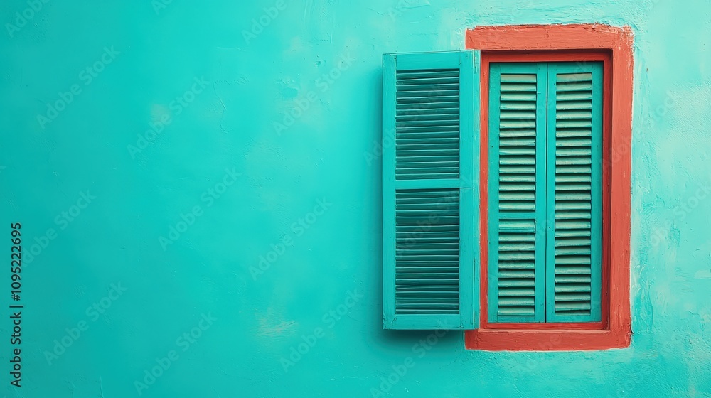 Teal Shutter Window on Turquoise Wall Home Exterior Vintage Design Teal Shutter Window on Turquoise Wall Home Exterior Vintage Design