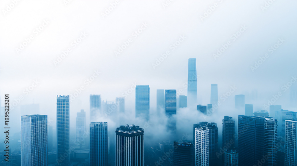 Moody view of a city skyline blanketed by dense fog, with skyscrapers emerging through the mist. Moody view of a city skyline blanketed by dense fog, with skyscrapers emerging through the mist.