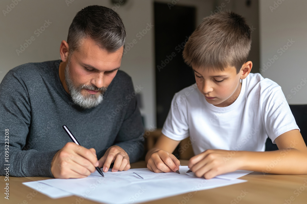 Father and son working together on drawings at home during a quiet afternoon Father and son working together on drawings at home during a quiet afternoon