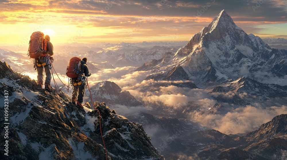 Fototapeta premium Climbers reaching snowy summit at golden sunrise.