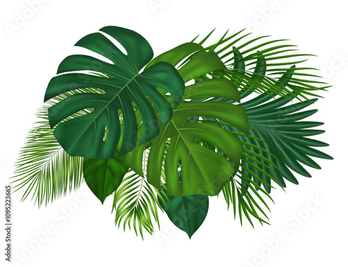 Summer tropical composition made of exotic realistic palm leaves. Suitable for nature concept, vacation, travel, summer holiday. Vector Illustration