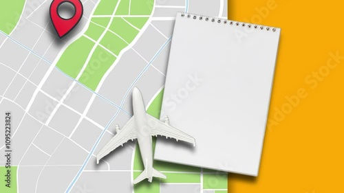 3D map, a geolocation icon appears, an airplane flies by, a blank notepad with a blank white page appears. Animation banner mockup for travel agencies and travel and flight planning