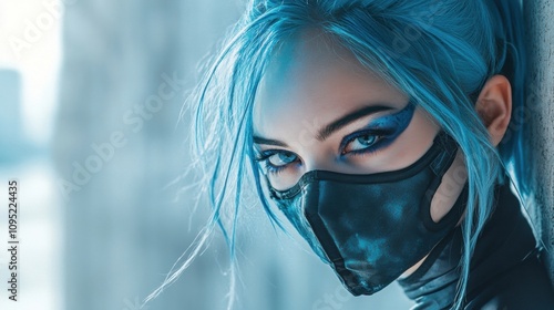 White background with wall tied aesthetic hair and mask bright beautiful blue woman sci-fi style