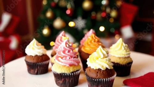 Festive Cupcakes with Vibrant Frosting Surrounded by Cozy Christmas Décor and Soft Holiday Lighting