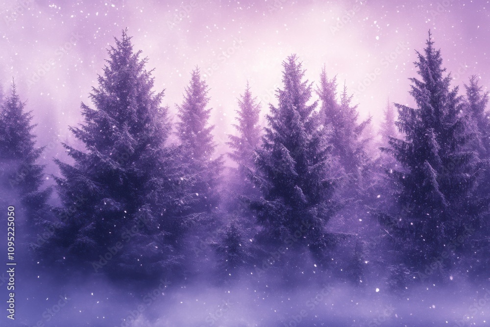 Lavender snowy Christmas tree forest with sparkling snow on festive background Lavender snowy Christmas tree forest with sparkling snow on festive background